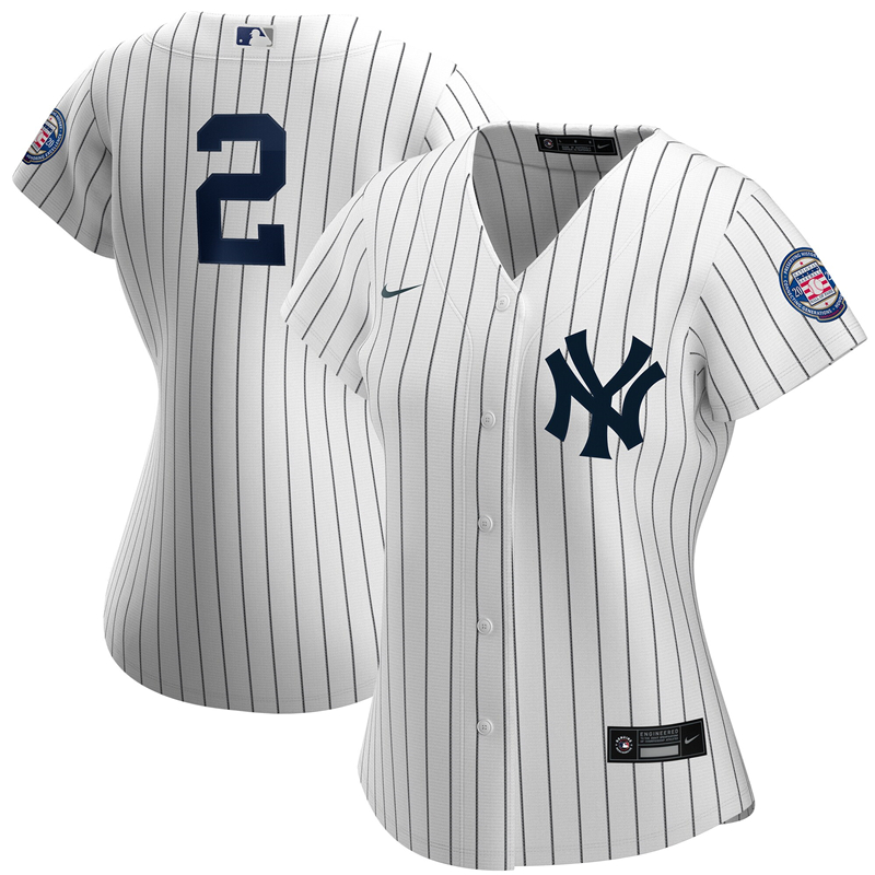 2020 MLB Women New York Yankees 2 Derek Jeter Nike White Navy 2020 Hall of Fame Induction Replica Jersey 1